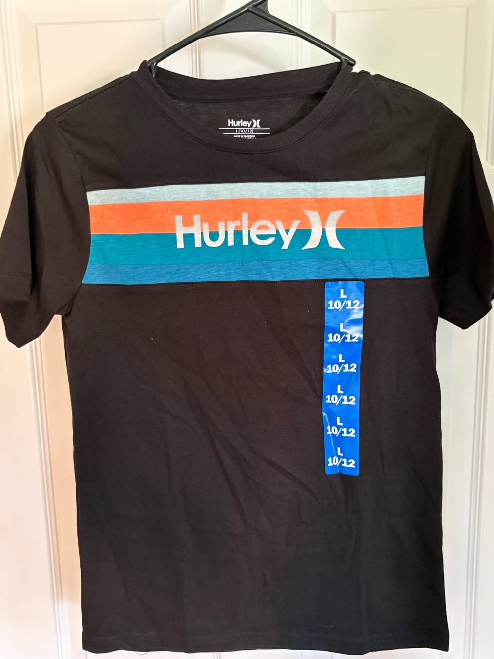 4 Youth Hurley Black Tee with Teal, Orange & Light Gray Stripes